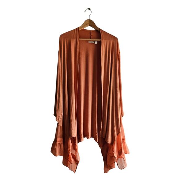 LOGO Lori Goldstein 3X Cardigan Orange Sheer Hem Asymmetrical Drape Lagenlook - Picture 1 of 16
